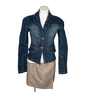 ROCAWEAR Blue Denim Jean Jacket Pink Shiny Studs Distressed Blazer Size Medium